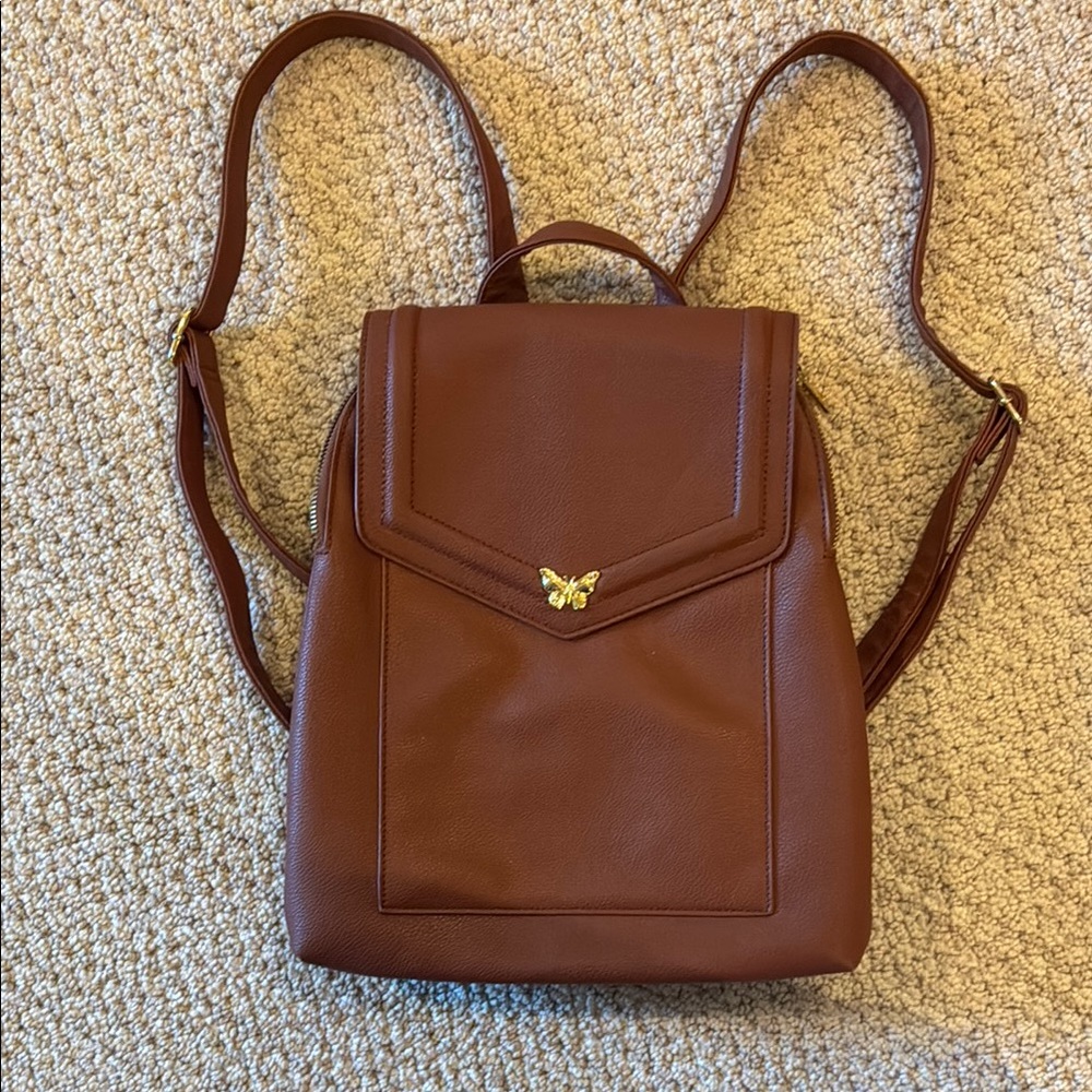 Brown Leather Backpack with Gold Butterfly Accent